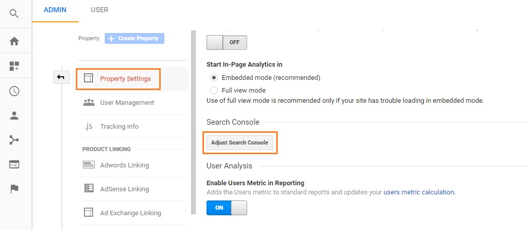 Google Search Console link analytics property setting