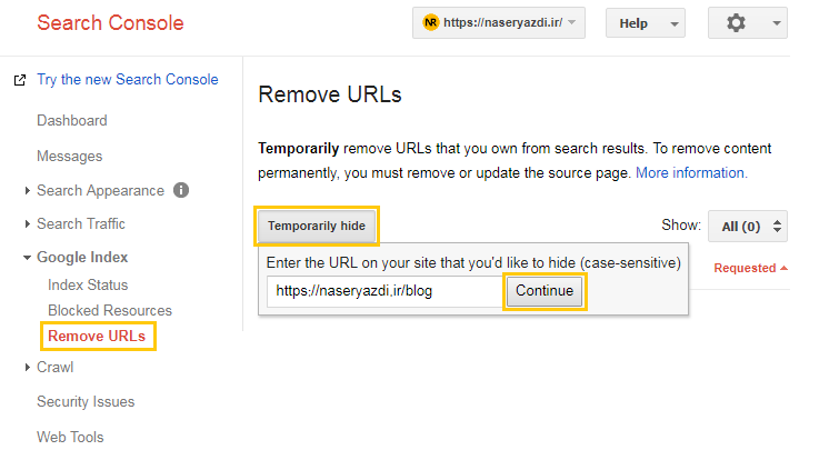 صفحه remove urls گوگل سرچ کنسول
