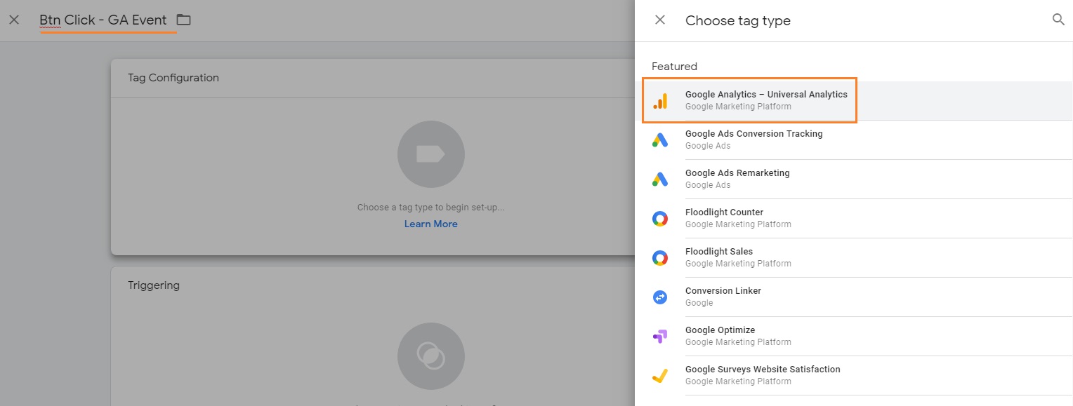 انتخاب تگ گوگل آنالیتیکس برای ترک کردن دکمه در سایت